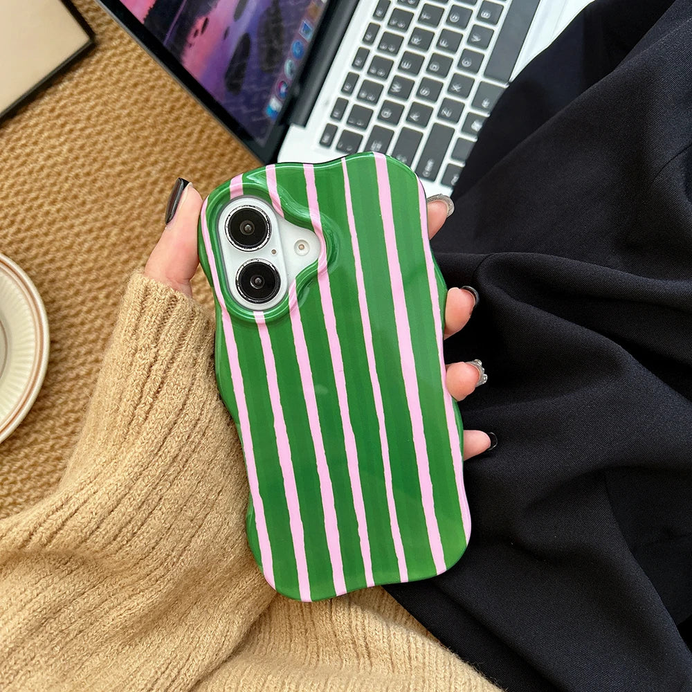Luxury 2 in 1 Glossy Double Color Wave Stripes Case for IPhone 13 14 15 16 17 Pro Max 17Air Hit Color Collision Shockproof Cover - Ice Cream Cake
