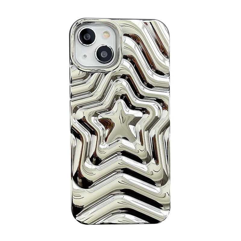 Bling Chromed Silver Gradient Five-pointed Star TPU Phone Case For iPhone 16 Pro Max 17 15 13 14 Plating Silicone Back Cover - Ice Cream Cake