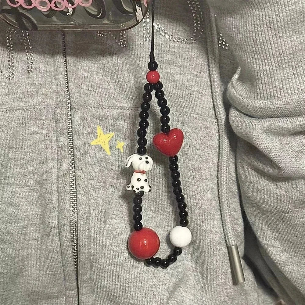 INS Korean Cute Spot Dog Love Heart Beaded Phone Charm Pendant For iPhone 16 Samsung Accessrioes Chain Lanyard Girl Hanging Rope - Ice Cream Cake