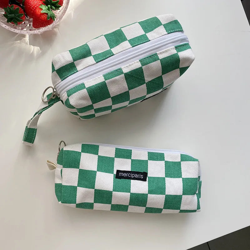 Korean Fashion Plaid Travel Makeup Kits Cosmetic Storage Bag Women Handbags Wallet Organizer Cute School Pencil Cases Pouch Bags - Ice Cream Cake