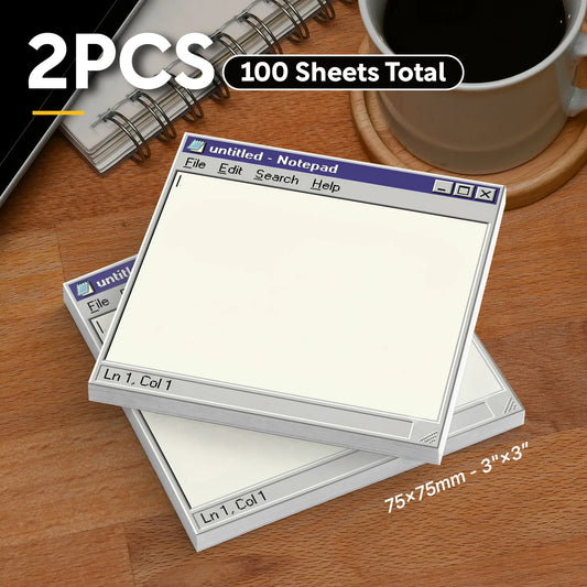 Two retro computer-window style notepad sheets stacked on a wooden desk, with a coffee cup, notebook, and tablet partially visible in the background. Text overlays read '2PCS', '100 Sheets Total', and '75x75mm - 3"x3"'.