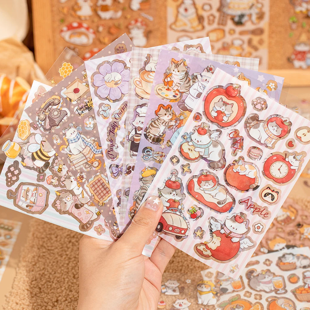Mr.Paper 20 Sheets Die-Cut Cat Sticker Book, Cat Collection Series Waterproof Decals for Journal Scrapbooking, Coffee Cup DIY - Ice Cream Cake