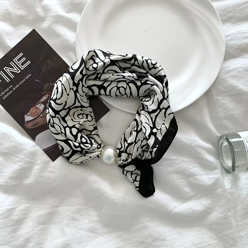 Spring Summer Thin Pearl Silk Scarves Magnetic Buckle Lazy Scarf Women Girls Sweet Elegant Pendant Collarbone Chain Neck Scarf - Ice Cream Cake