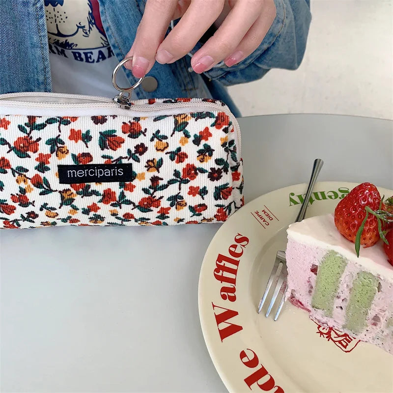 Corduroy Floral Travel Cosmetic Lipstick Purse Storage Bag Kawaii Women Makeup Handbags Organizer Wallet Pouch Pencil Case Bags - Ice Cream Cake