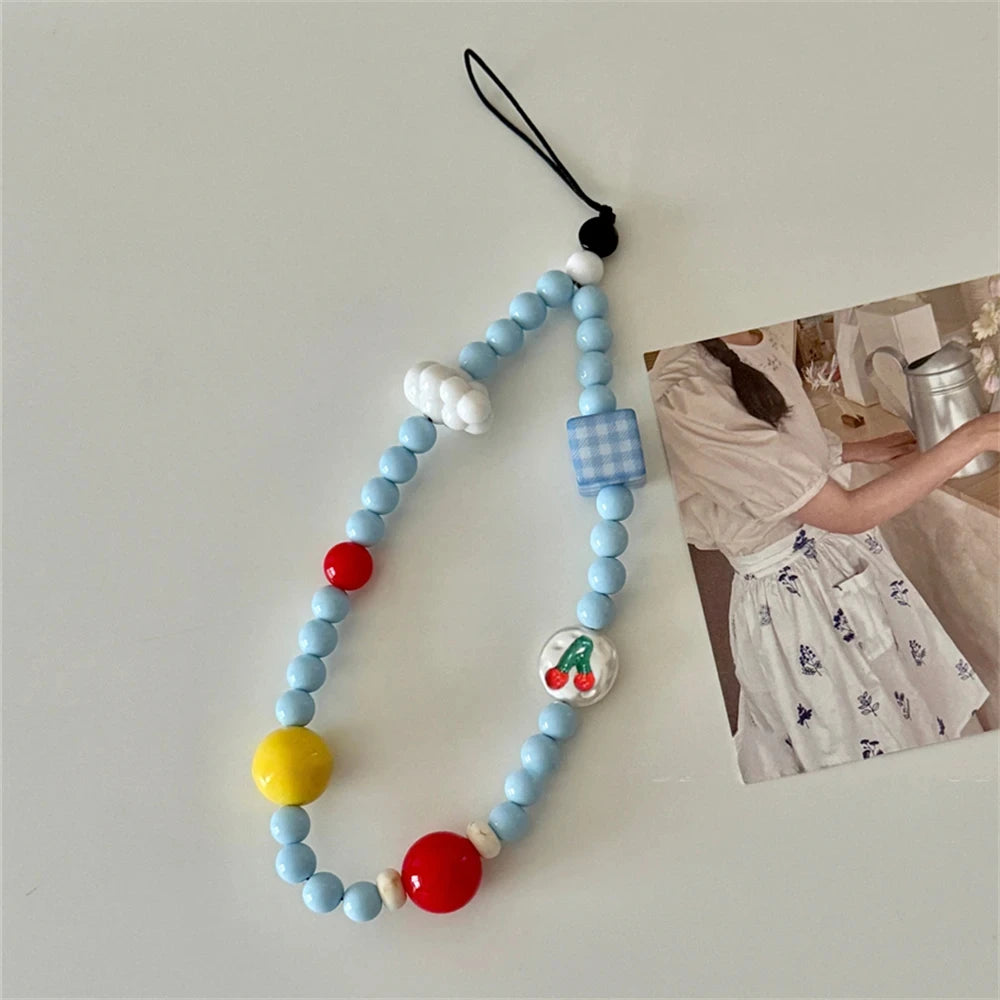 Cloud and Cherry Blue Beaded Wrist Strap