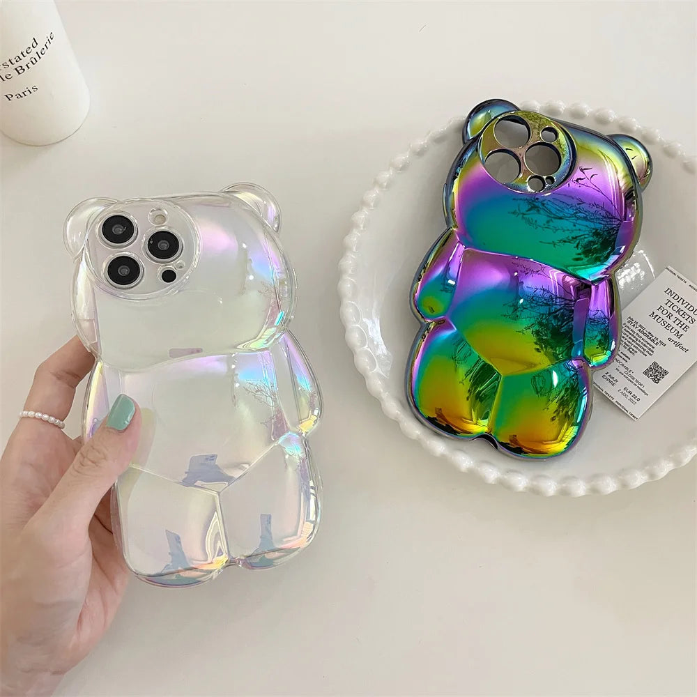 Ins Cute 3D Aurora Cartoon Bear Case For iPhone 11 13 12 14 15 16 17 Pro Max Plus Air Colorful Laser Rainbow Gradient Soft Cover - Ice Cream Cake