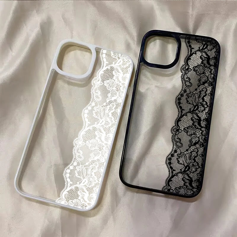 Two phone cases with lace detailing on a beige fabric background