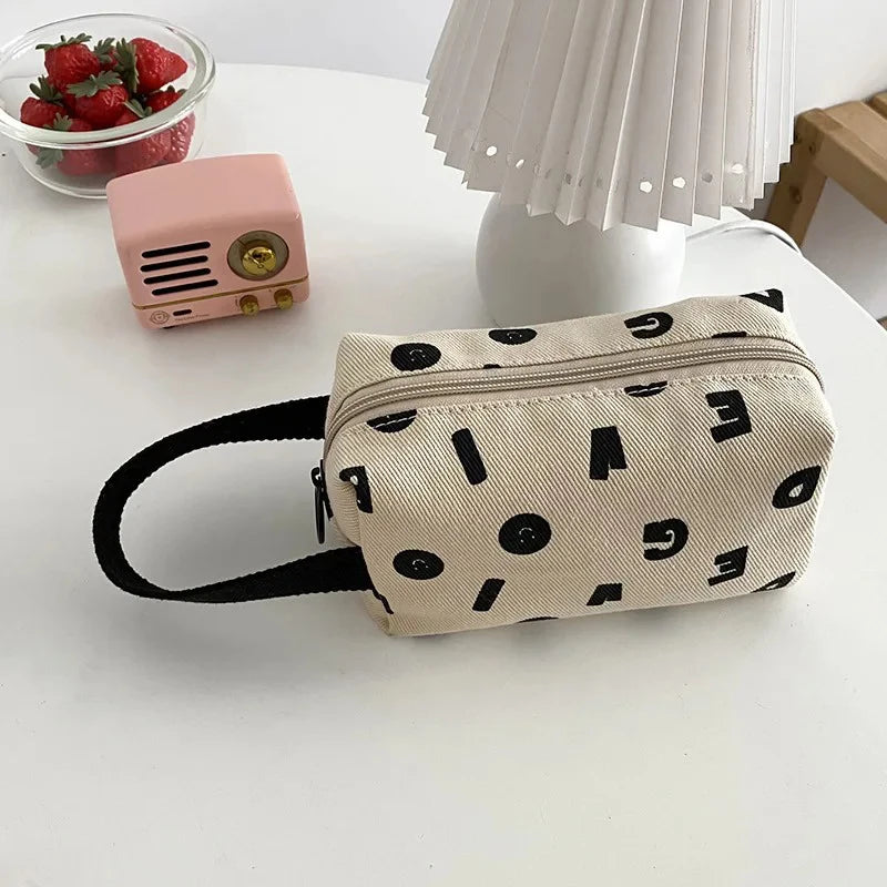 Letters Print Women Canvas Cosmetic Bags Cotton Cloth Make Up Bag Pouch Little Handbag Clutch Travel Organizer Case For Girls - Ice Cream Cake
