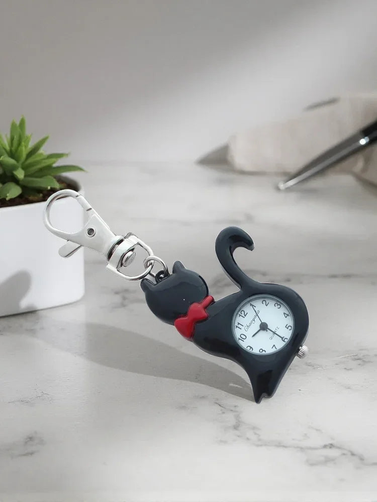 Fancy Bowtie Piano Cat Clip-On Keychain Watch