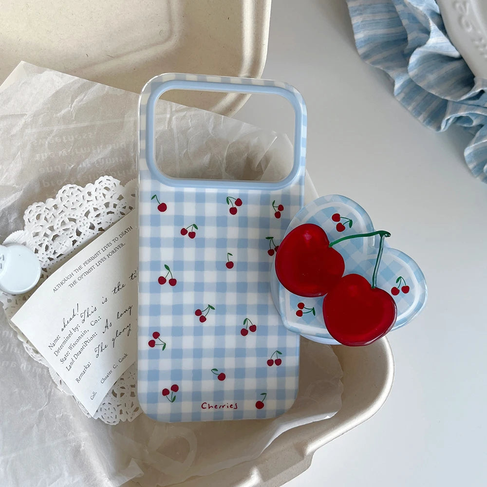 3D Cute Cherry Blue Grid Pattern Magnetic Grip Tok Phone Cases for iPhone 17pro 15 16 pro max Wireless Charge For Magsafe Cover - Ice Cream Cake