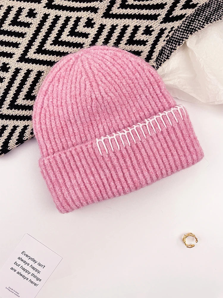 Contrast Border Ribbed Knit Beanie Hat