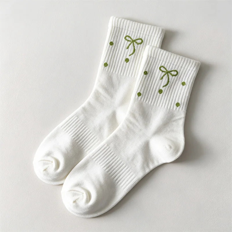 5 pairs Women Cute Polka Dot Bowknot Crew Socks Sweet Kawaii Japanese Style Cotton Mid Calf Socks Girls Casual Breathable - Ice Cream Cake