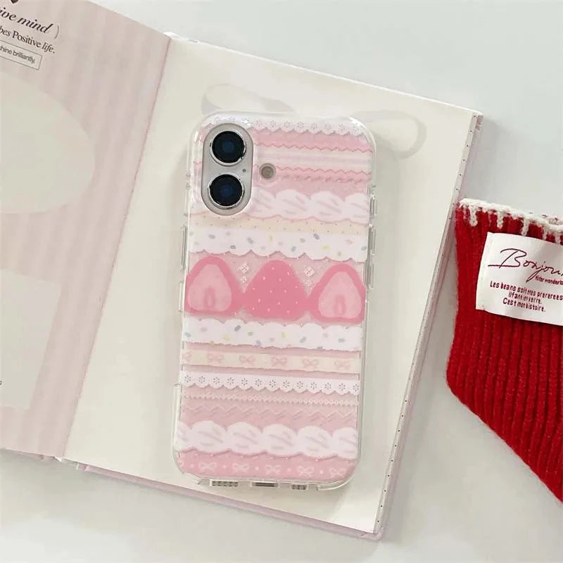 Cream Strawberry Cake Lace Bowknot Phone Case For iPhone 17 16 15 14 13 12 11 Pro Max 16e 17 Air X XR XS Max 7 8 Plus Soft Cover - Ice Cream Cake