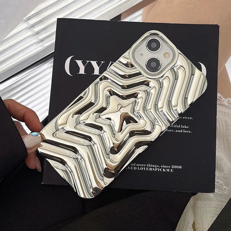 Bling Chromed Silver Gradient Five-pointed Star TPU Phone Case For iPhone 16 Pro Max 17 15 13 14 Plating Silicone Back Cover - Ice Cream Cake