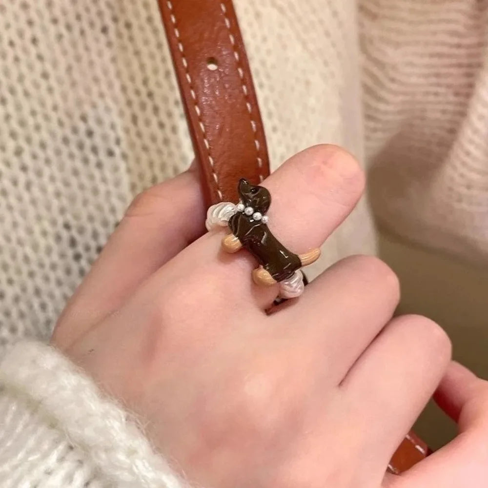 Sausage Dog Faux Pearl Charm Ring