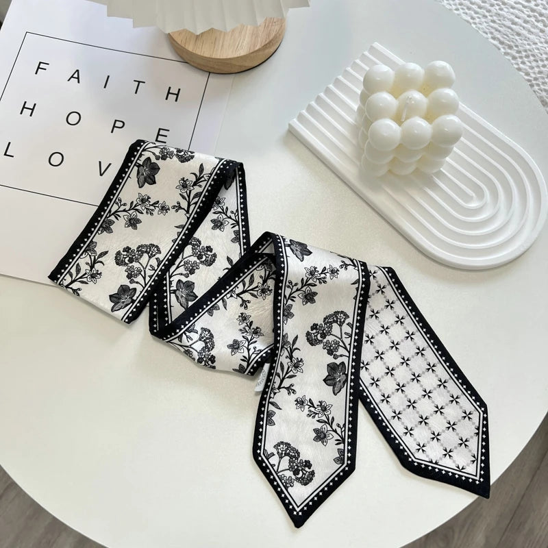 High-Grade Flower Print Long Silk Scarf Hair Band Ribbon Tied-up Hair Long Bow Vintage Satin Ribbon Hair Accessories For Women - Ice Cream Cake