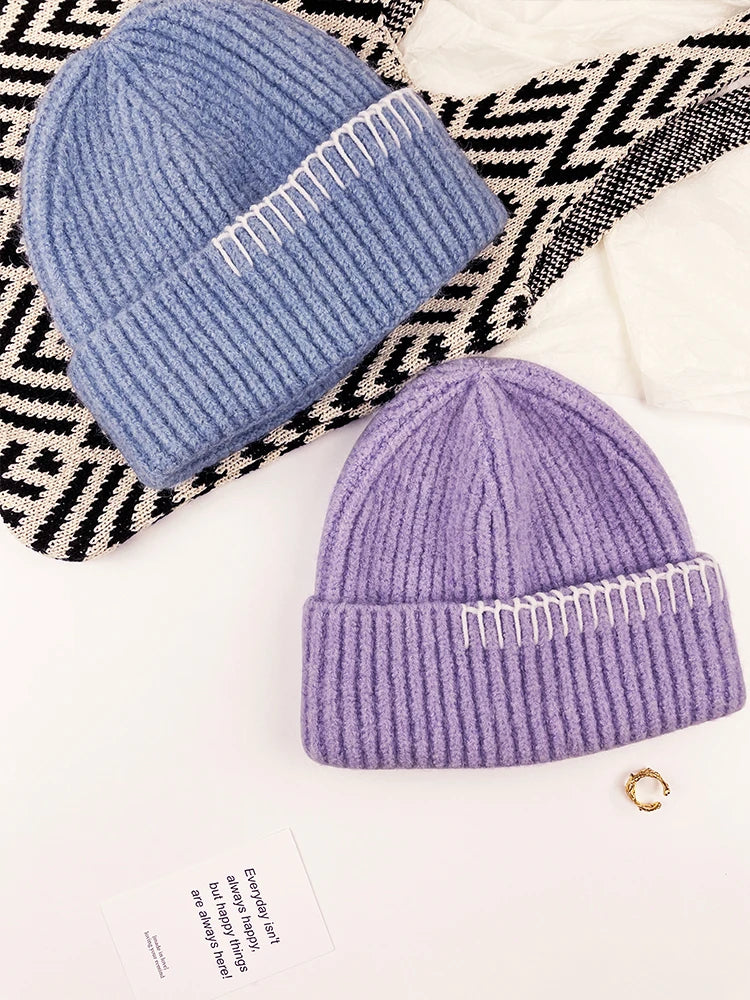 Contrast Border Ribbed Knit Beanie Hat