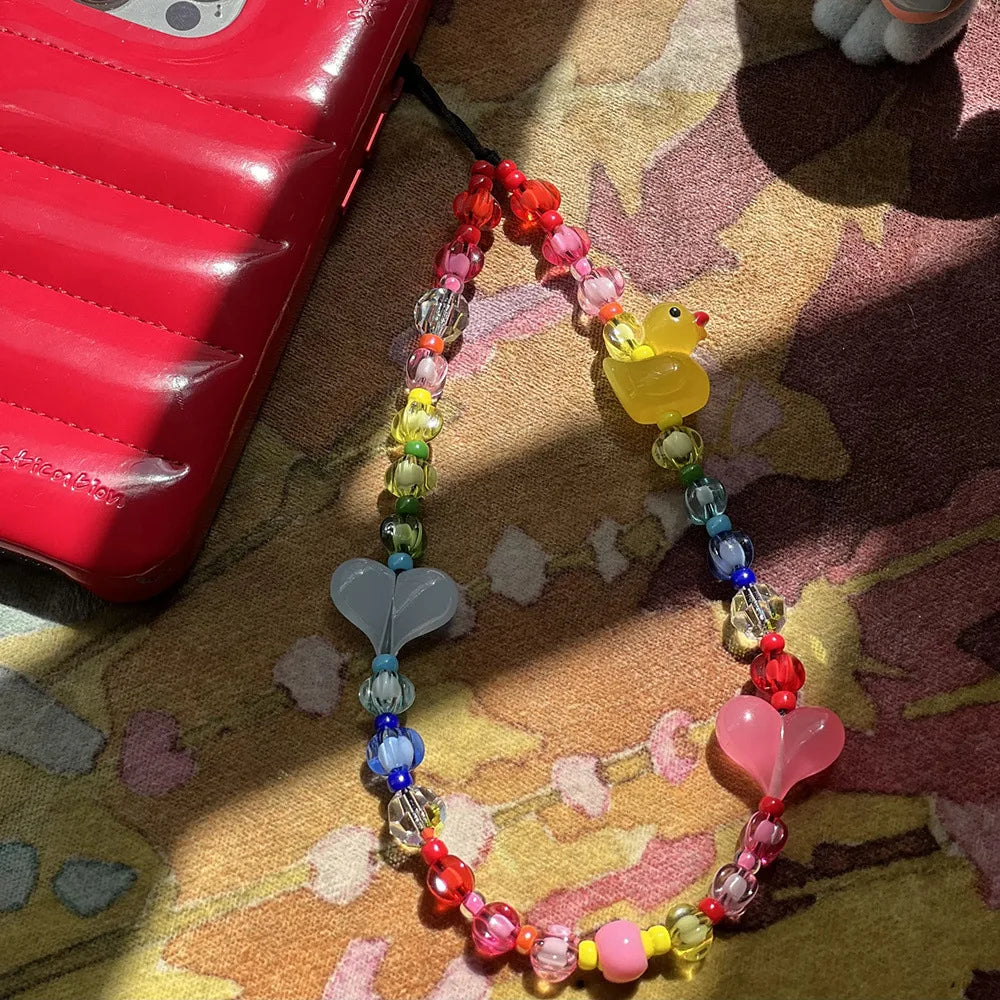 Rubber Ducks and Hearts Rainbow Beaded Wrist Strap