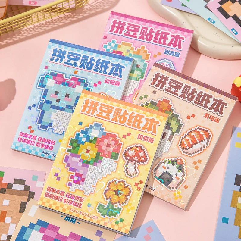Pixelated sticker books on a pink surface with colorful designs