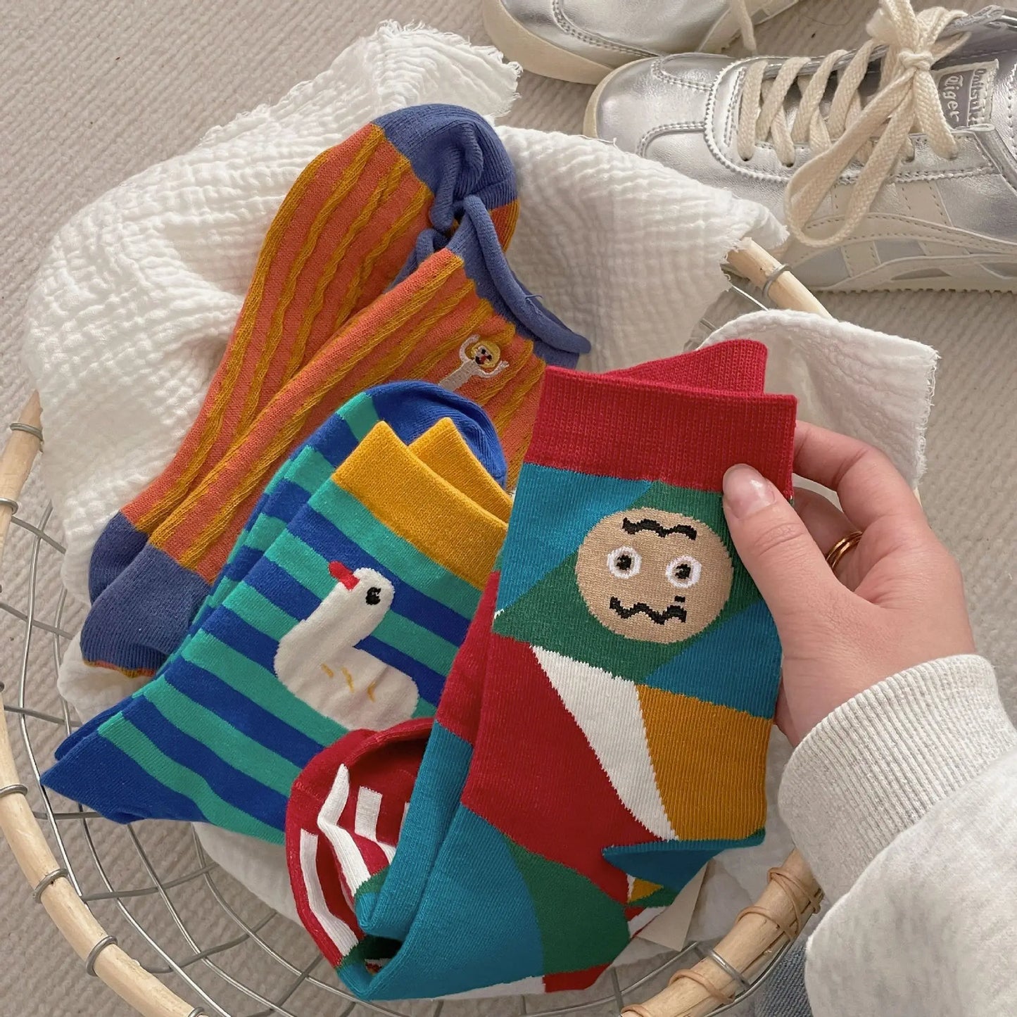 Happy Stripe Character Crew Socks - Ice Cream Cake