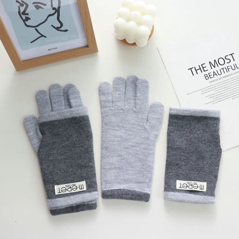 Thickened Leaky Finger Korean Style Ladies Dual-Use Color Matching Knitted Fashion Touch Screen Finger Knitting Wool Gloves - Ice Cream Cake