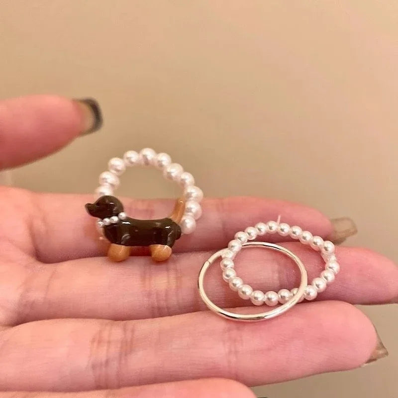 Sausage Dog Faux Pearl Charm Ring