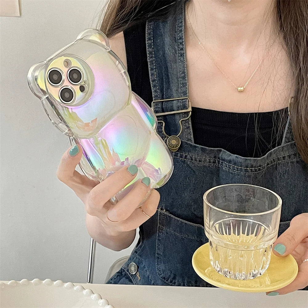 Ins Cute 3D Aurora Cartoon Bear Case For iPhone 11 13 12 14 15 16 17 Pro Max Plus Air Colorful Laser Rainbow Gradient Soft Cover - Ice Cream Cake