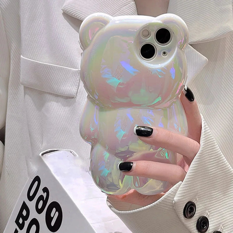Ins Cute 3D Aurora Cartoon Bear Case For iPhone 11 13 12 14 15 16 17 Pro Max Plus Air Colorful Laser Rainbow Gradient Soft Cover - Ice Cream Cake