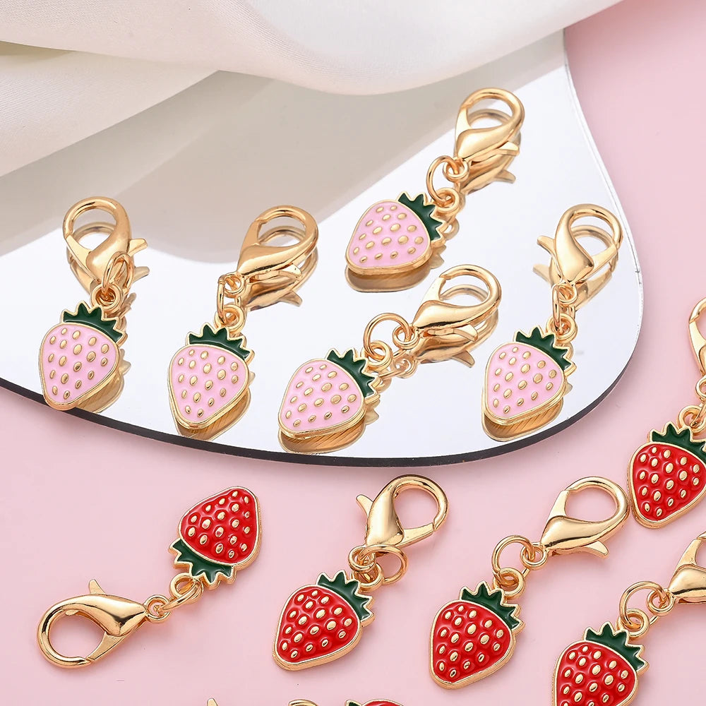 12PCS Golden Alloy Enamel Strawberry Charms - 3.3cm Random Mixed Color DIY Jewelry Accessories for Keychains, Bags & Pendants - Ice Cream Cake