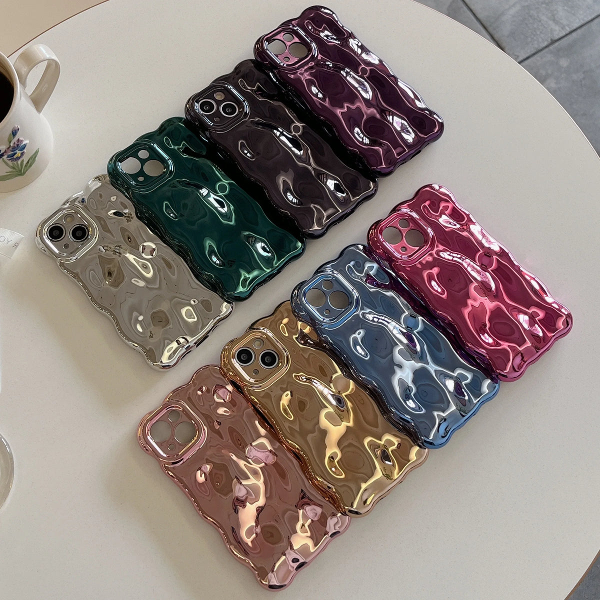 Luxury Wavy 3D Meteorite Texture Plating Silver Case for iPhone 11 12 13 14 15 Pro Max Anti-Fall Full Protection Glossy Cover - Ice Cream Cake