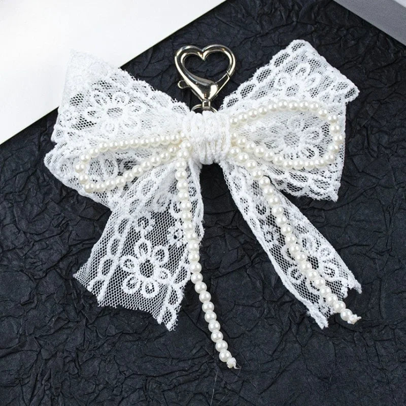 Lace and Faux Pearl Bow Clip-On Keychain Charm
