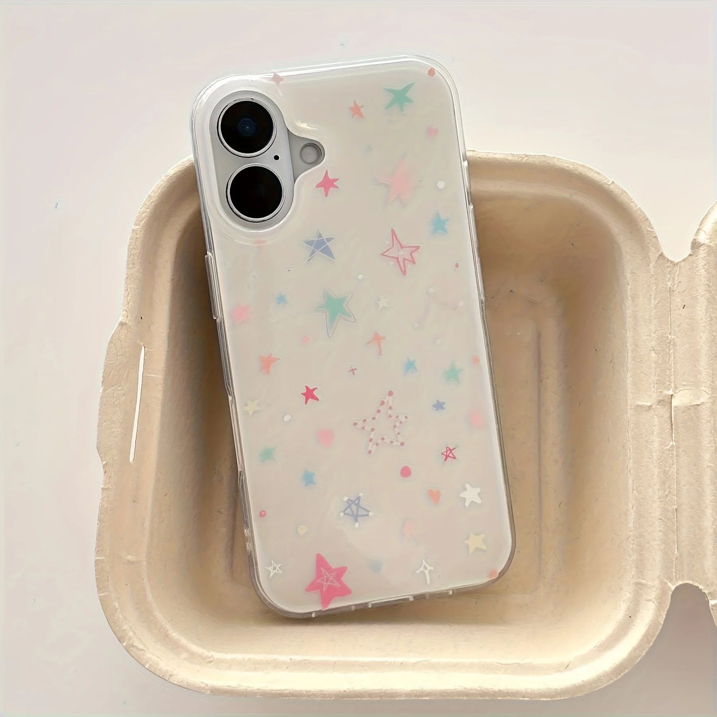 Phone Case for iPhone 17 16e 16 15 14 13 12 11 Pro Max X Xs 8 7 6 Air Plus Feather Texture Back Cover Clmj Korean Colorful Stars - Ice Cream Cake