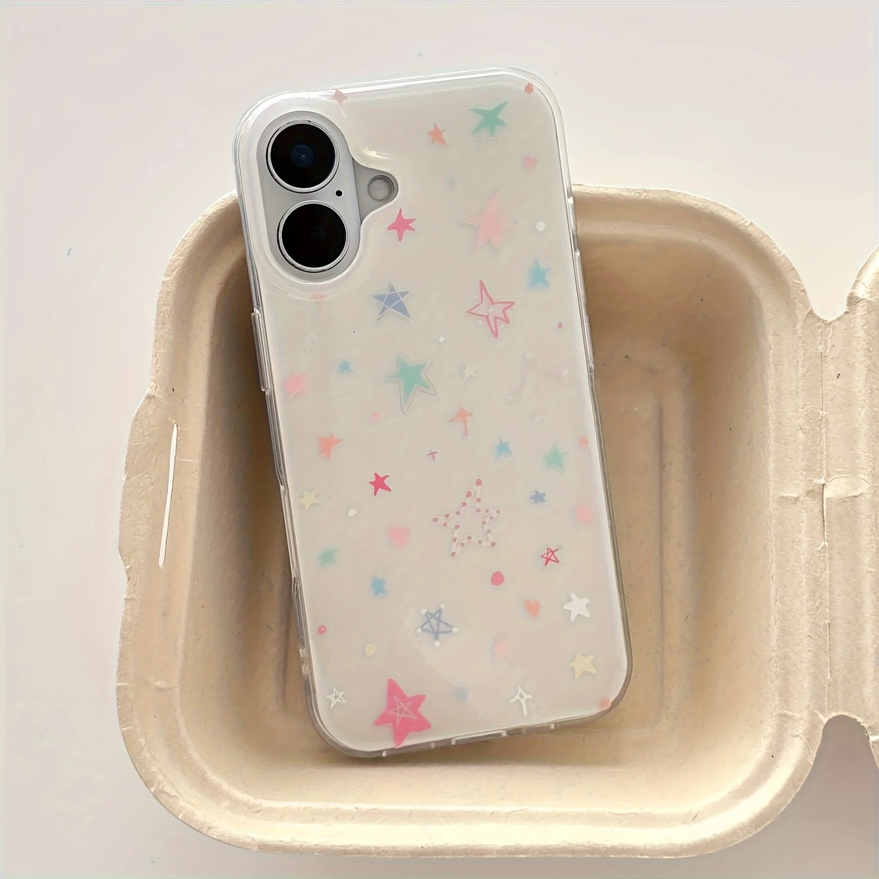 Phone Case for iPhone 17 16e 16 15 14 13 12 11 Pro Max X Xs 8 7 6 Air Plus Feather Texture Back Cover Clmj Korean Colorful Stars - Ice Cream Cake