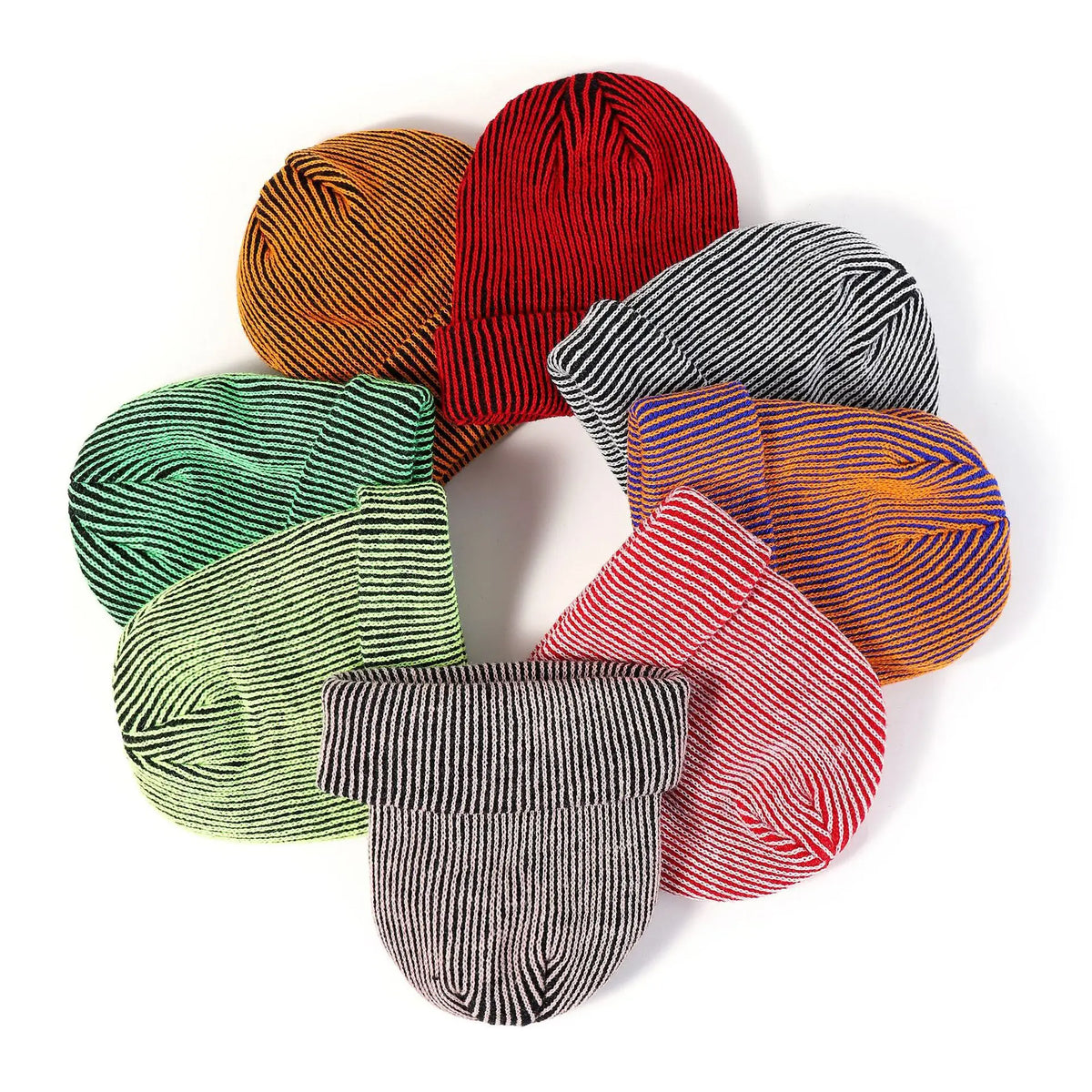 Seven knit beanie hats arranged in a circle on a white background, each in a different color with fine horizontal stripes: brown, red, gray, green, light green, orange, and red.