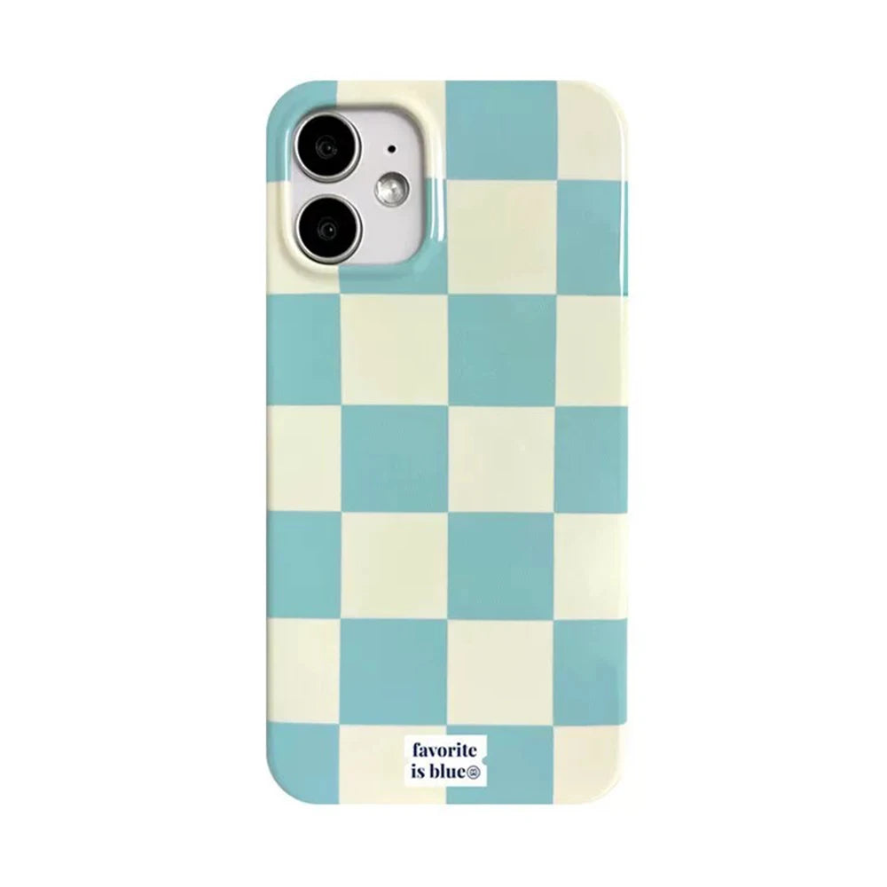 A phone case featuring a light blue and cream checkerboard pattern, shown on a plain white background. The case has a glossy finish and includes a small white label at the bottom with the text 'favorite is blue'.