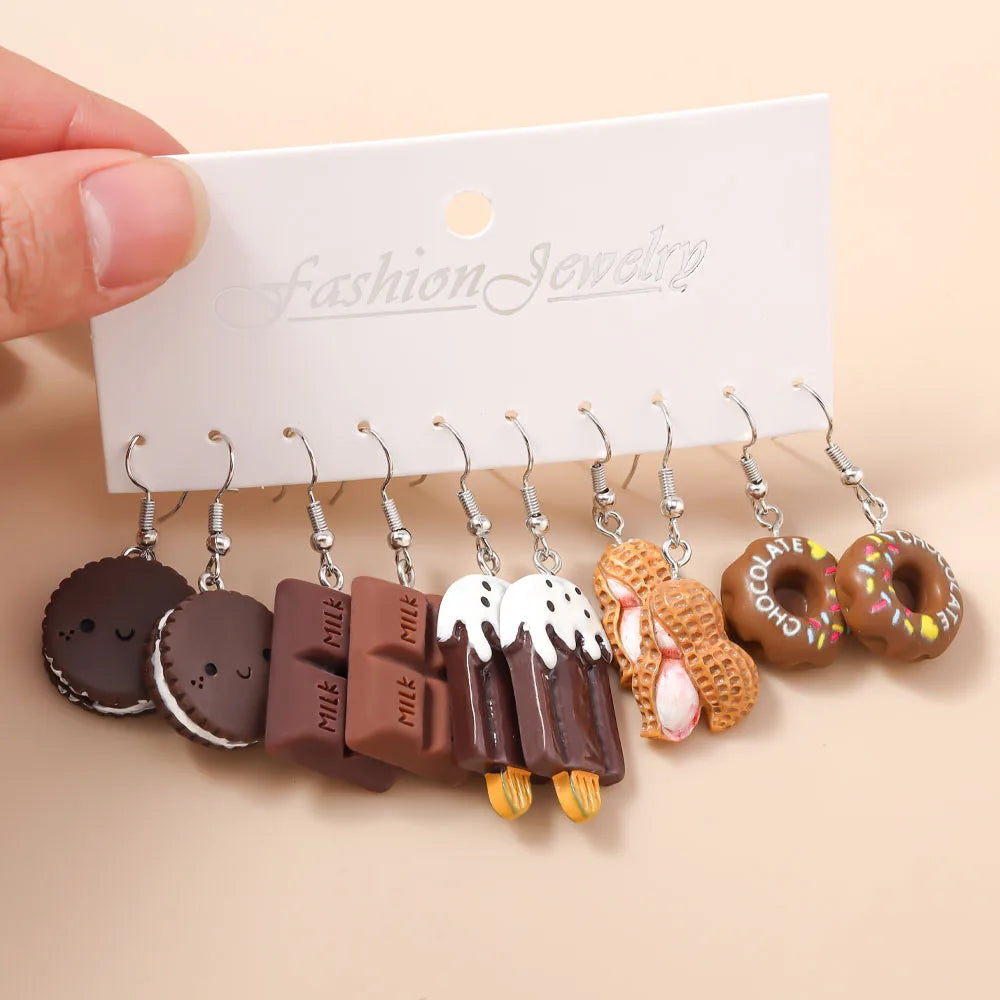 5 Pairs Cartoon Ice Cream Cookie Chocolate Donut Earrings for Women Girls 3D Food Dangle Earrings Kids Jewelry Gifts - Ice Cream Cake