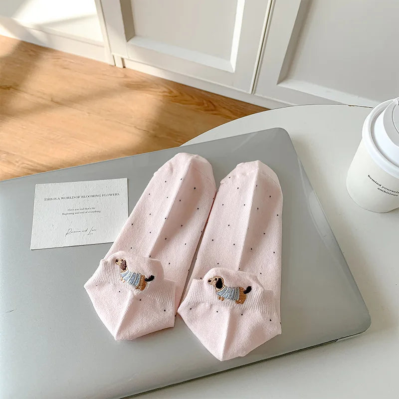 Spring Summer Thin Women Short Socks Polka Dots Cute Cartoon Sausage Dog Embroidery Boat Socks Pure Cotton Short Trendy Socks - Ice Cream Cake