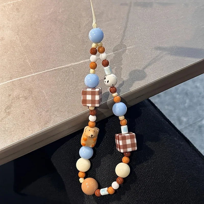 Korea Cute Brown Puppy Grid Block Blue Bead Beaded Phone Chain Charm Lanyard For iPhone 16 Samsung Universal Accessories Jewelry - Ice Cream Cake