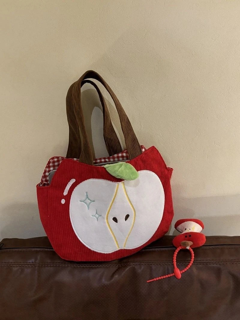 Red Apple Handbag Creative Cute Corduroy Shoulder Bag Stylish Outing Canvas Bag With Apple Pendant Casual Versatile Shoulder Bag - Ice Cream Cake