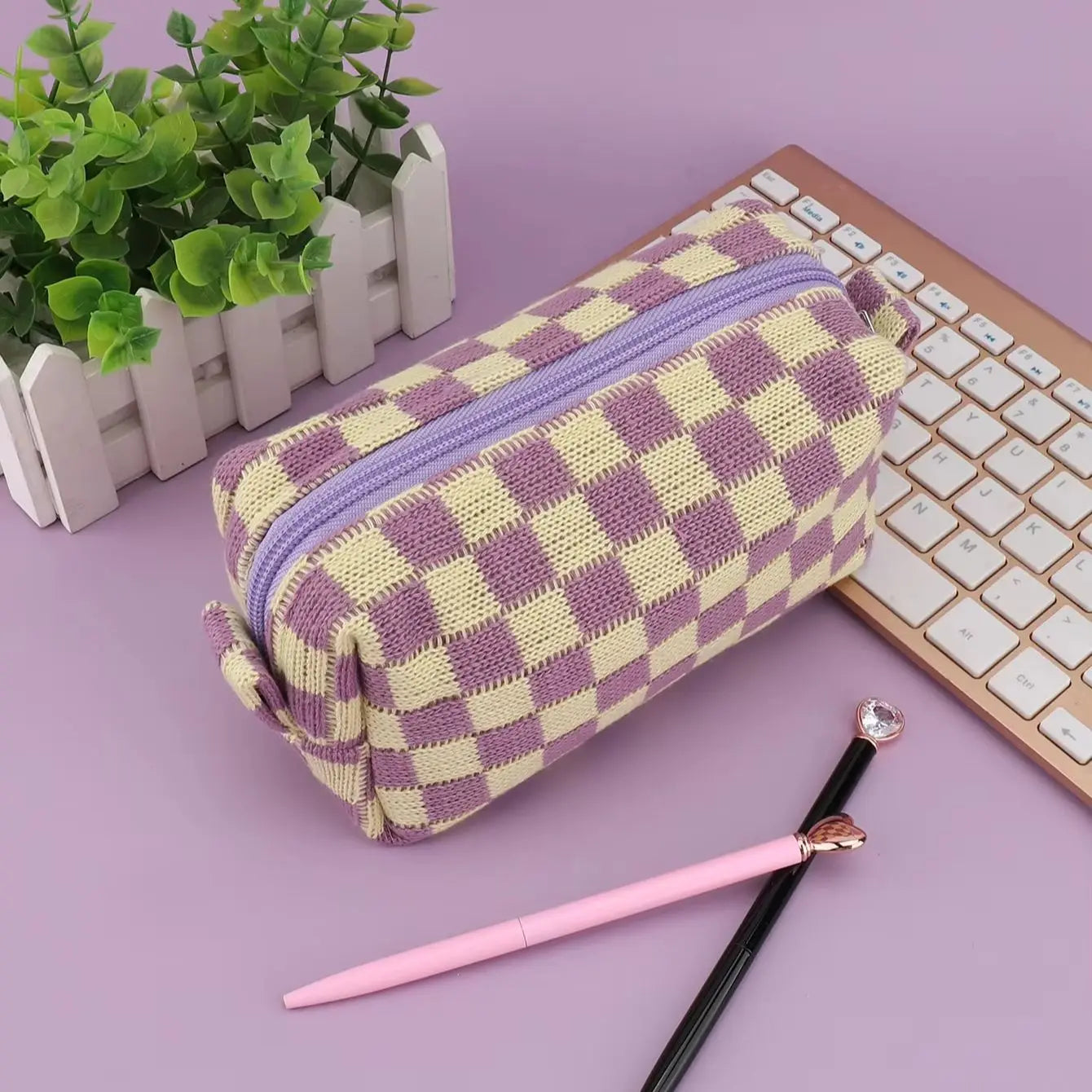 Purple Checkerboard Zipper Pouch
