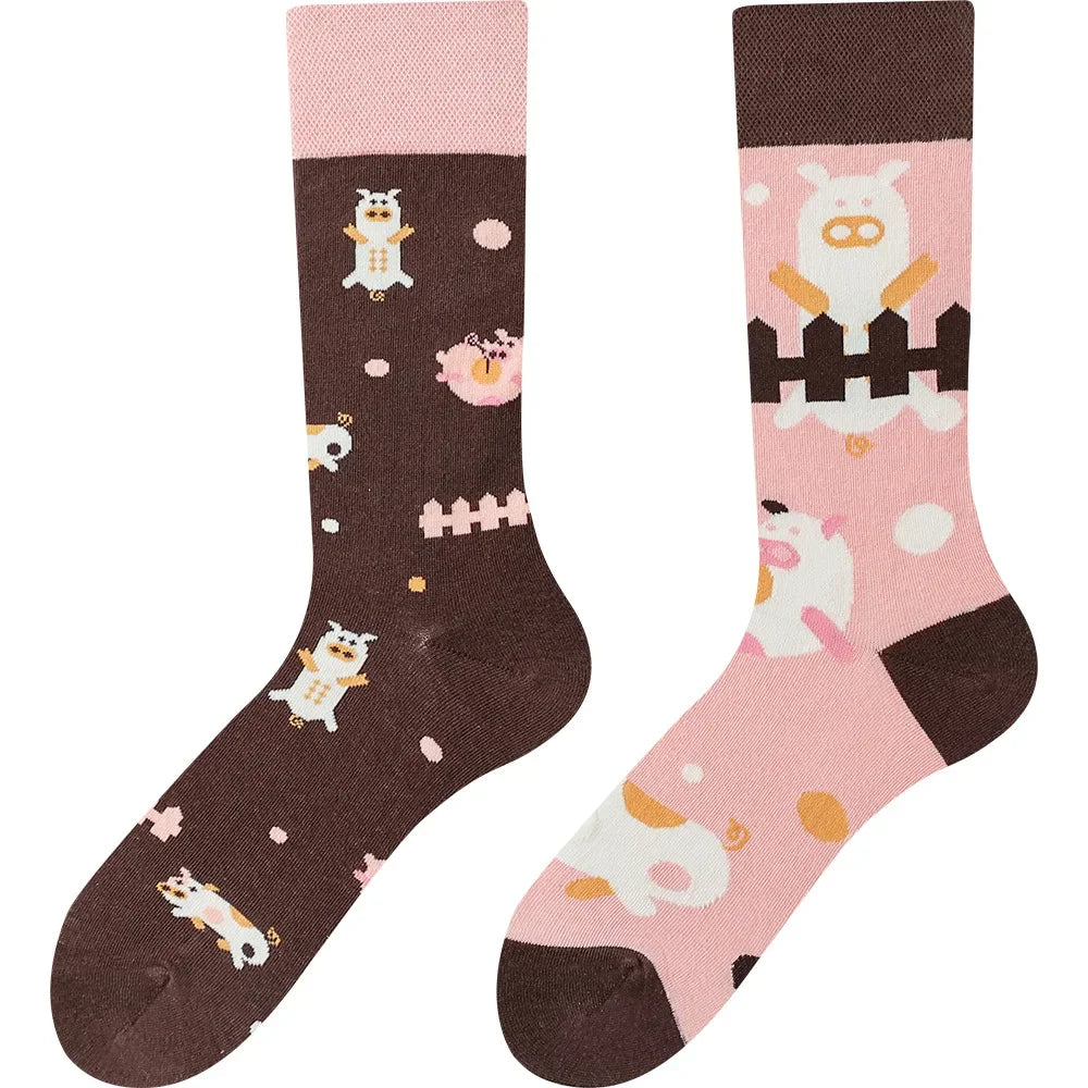 Happy Socks AB Asymmetrical Socks Cartoon Color Contrast Fashion Cotton Men And Women Couples Mid Tube Socks - Ice Cream Cake