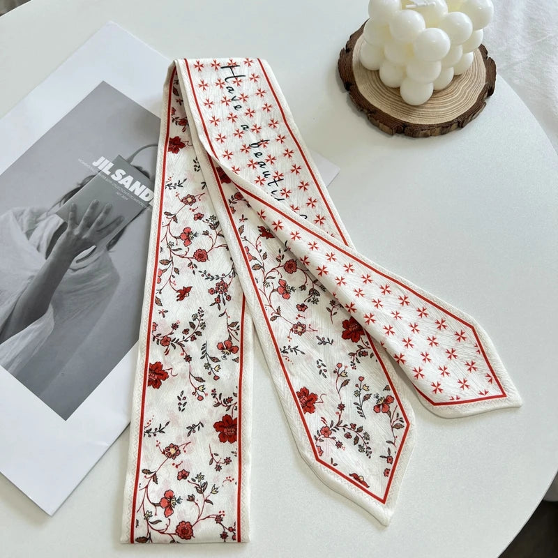 New Long Bag Scarf Women Hair Band Lady Accessories Print Skinny Scarves Headband Satin Ribbon Neck Tie Decorative Bag Scarves - Ice Cream Cake