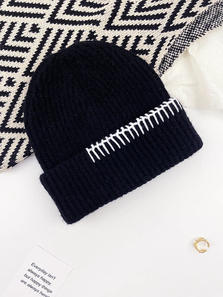 Contrast Border Ribbed Knit Beanie Hat
