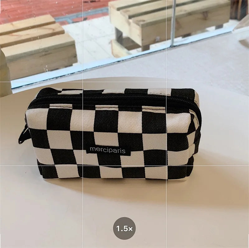 Korean Fashion Plaid Travel Makeup Kits Cosmetic Storage Bag Women Handbags Wallet Organizer Cute School Pencil Cases Pouch Bags - Ice Cream Cake