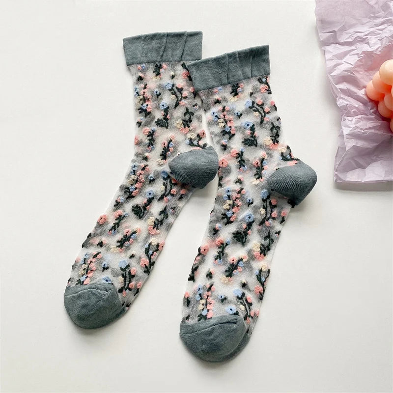 Transparent Floral Crew Socks