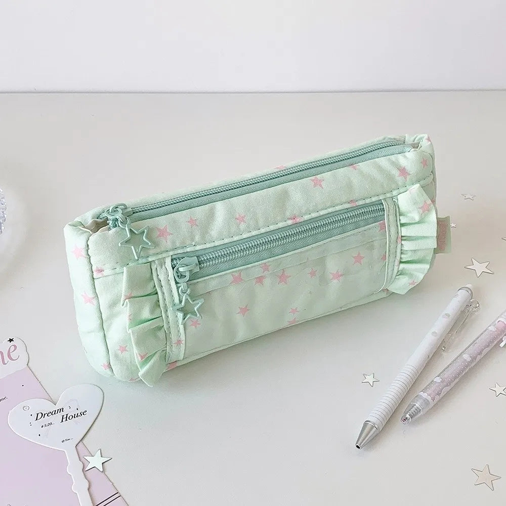 Pastel Puffy Ruffle Star Pattern Pencil Case