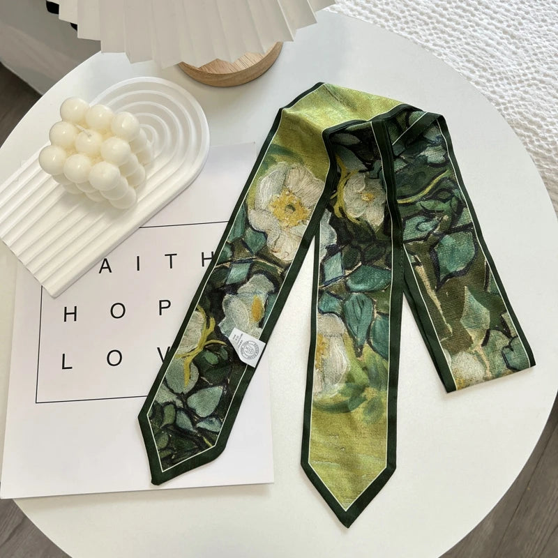 High-Grade Flower Print Long Silk Scarf Hair Band Ribbon Tied-up Hair Long Bow Vintage Satin Ribbon Hair Accessories For Women - Ice Cream Cake