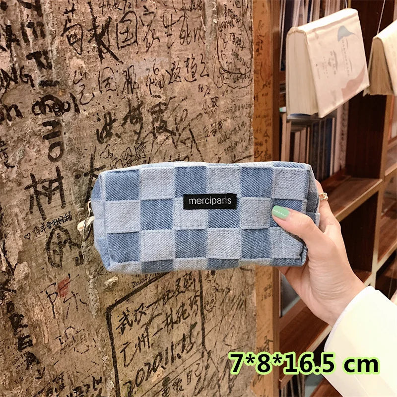 Korean Fashion Plaid Travel Makeup Kits Cosmetic Storage Bag Women Handbags Wallet Organizer Cute School Pencil Cases Pouch Bags - Ice Cream Cake