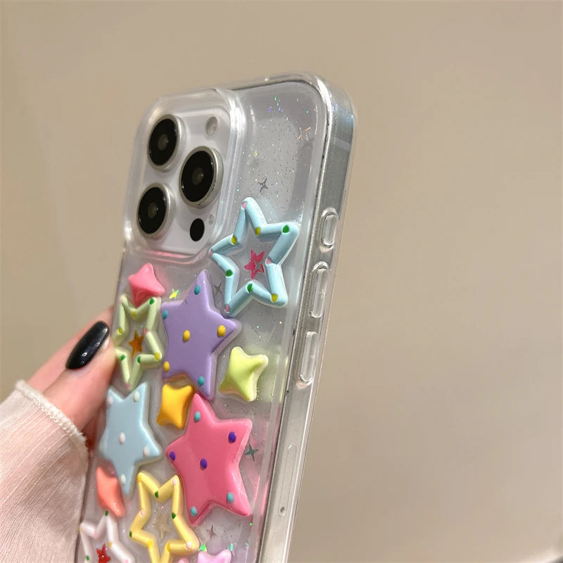 Bling 3D Dopamine Stars Phone Case for iPhone 16 15 14 13 Plus 12 Pro Max 11 Glitter Colorfur Transparent Cover Cases - Ice Cream Cake