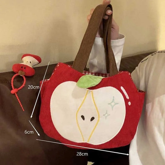 Red Apple Handbag Creative Cute Corduroy Shoulder Bag Stylish Outing Canvas Bag With Apple Pendant Casual Versatile Shoulder Bag - Ice Cream Cake